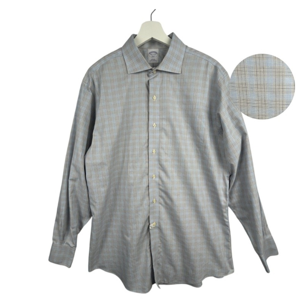 Brooks Brothers Dress Shirt Mens 16.5 4/5 Slim‎ Fit Non-Iron Plaid Blue Beige
